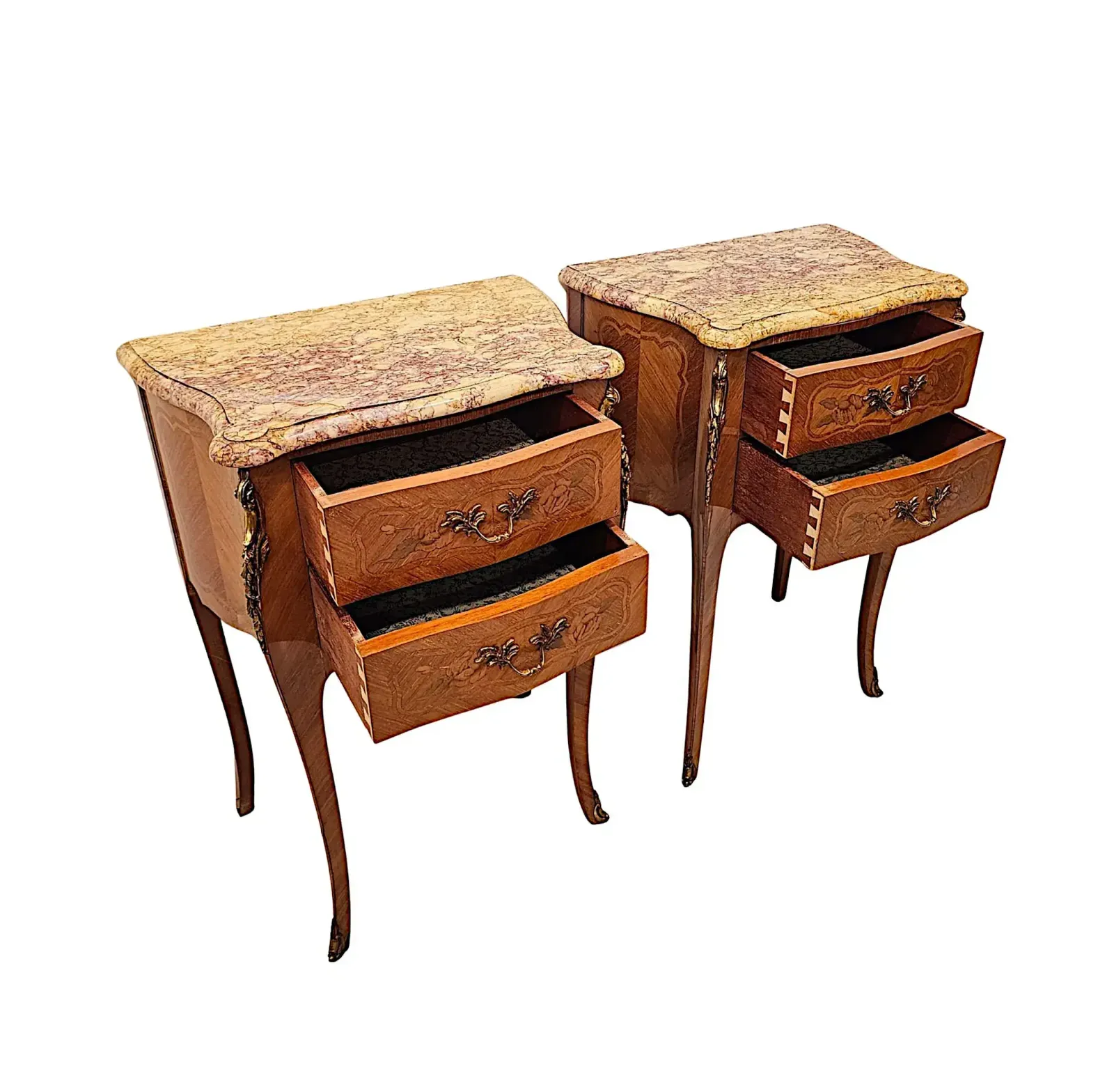 A Fabulous Pair Of 20th Century Marquetry Inlaid Marble Top Bedside Chests photo Furniture