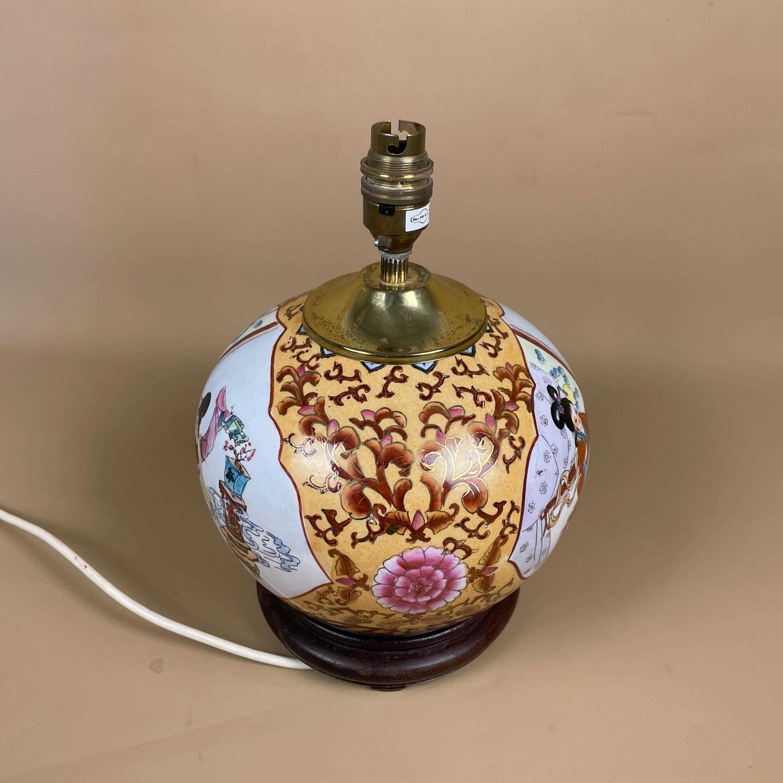 Vintage Ceramic Patterned Oriental Lamp Bedside Table Light Vase Pottery Round Antique Pattern Hand Painted Gold Brass Wooden Wood Japanese photo 89.0