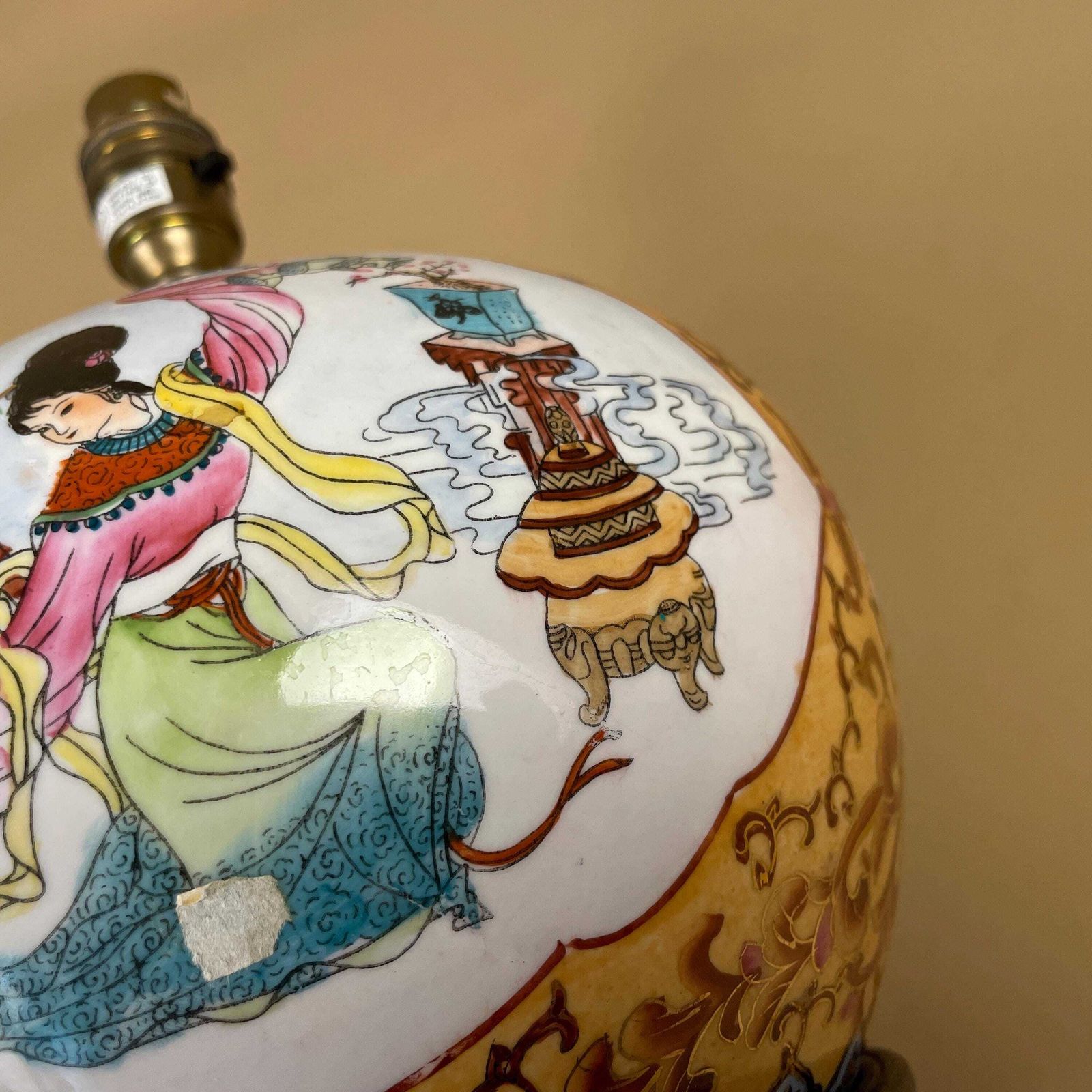 Vintage Ceramic Patterned Oriental Lamp Bedside Table Light Vase Pottery Round Antique Pattern Hand Painted Gold Brass Wooden Wood Japanese photo buy