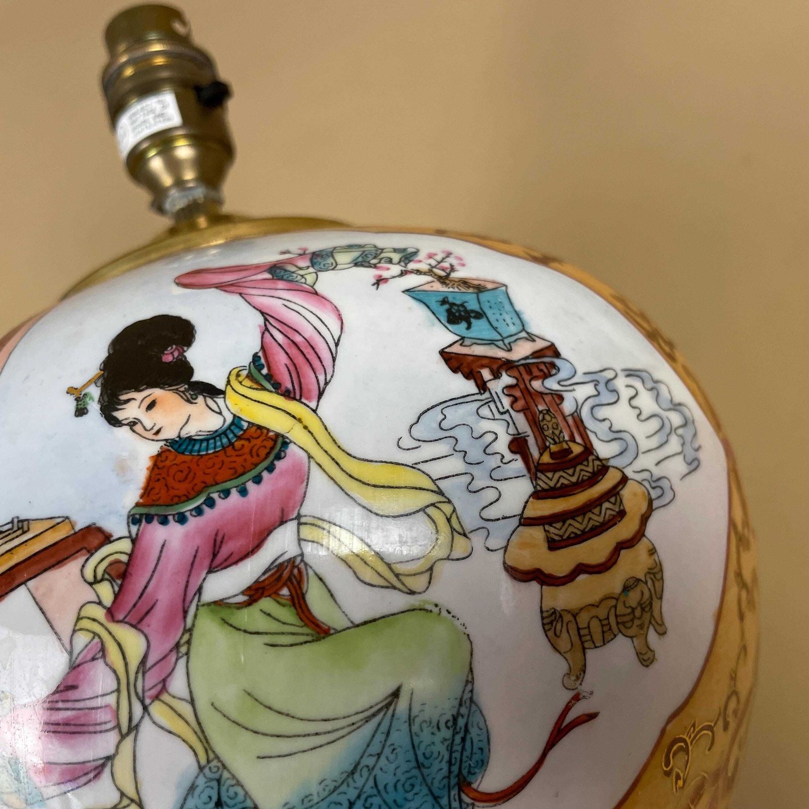 Vintage Ceramic Patterned Oriental Lamp Bedside Table Light Vase Pottery Round Antique Pattern Hand Painted Gold Brass Wooden Wood Japanese photo vintage