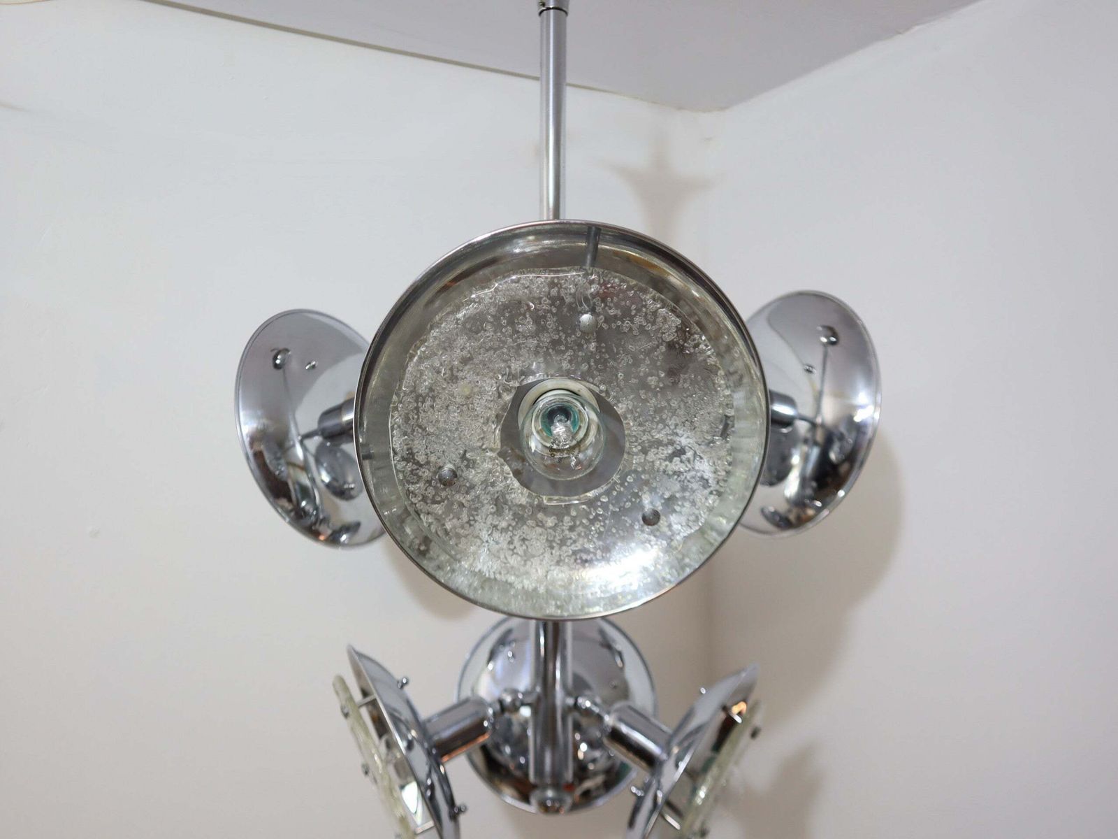 photo for sale Esperia Chandelier 1970s, Chrome And Murano Glass, 6 Arms Adjustable