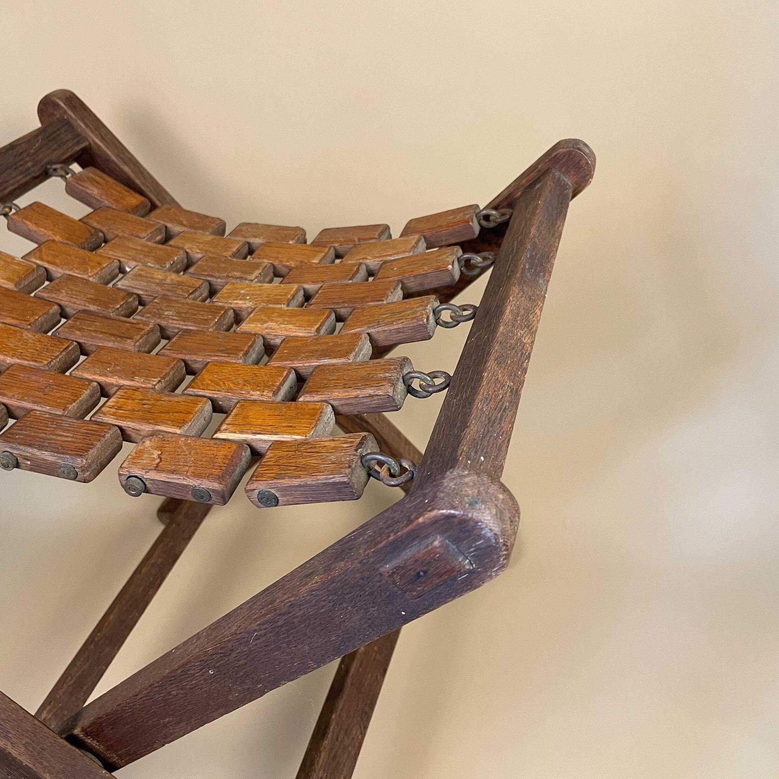 Vintage Fold Down Stool Seat Wood & Metal Portable Event Seat Brown Retro Camping Festival Garden Farmhouse Cottage photo for sale