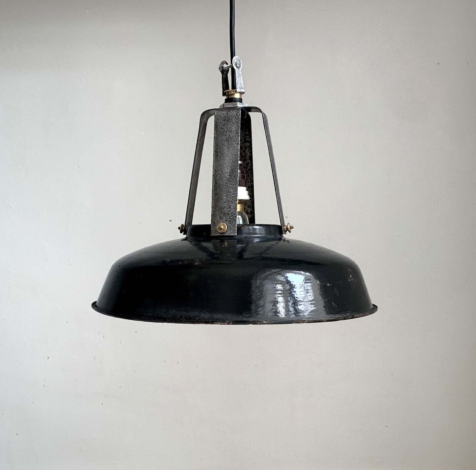 photo for sale Vintage French Black Enamel Industrial Light Shade With Great Patina