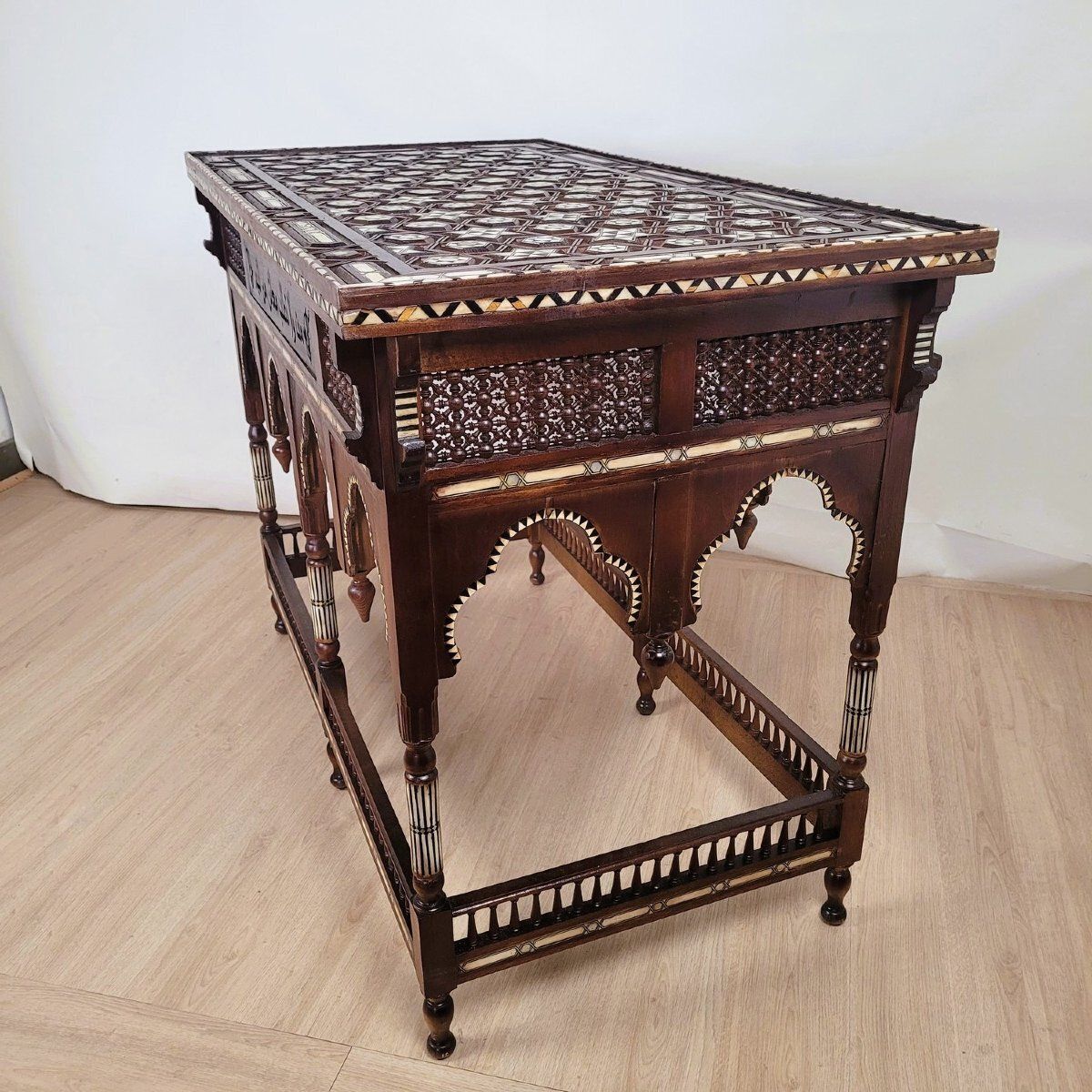 1450.0 Oriental Center Table In Wood, Mother Of Pearl And Bone Marquetry, 20th Century photo