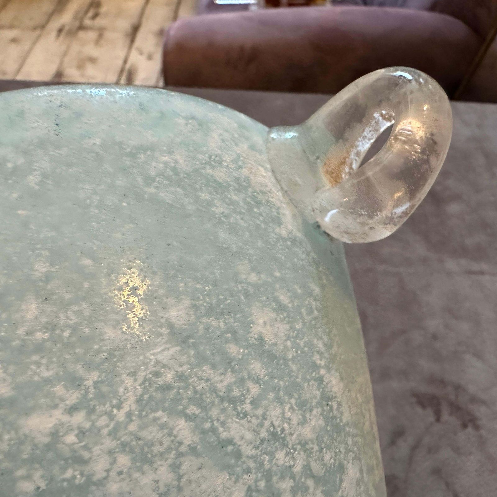 photo for sale 1970s Modernist Turquoise And White Scavo Murano Glass Vase By Seguso