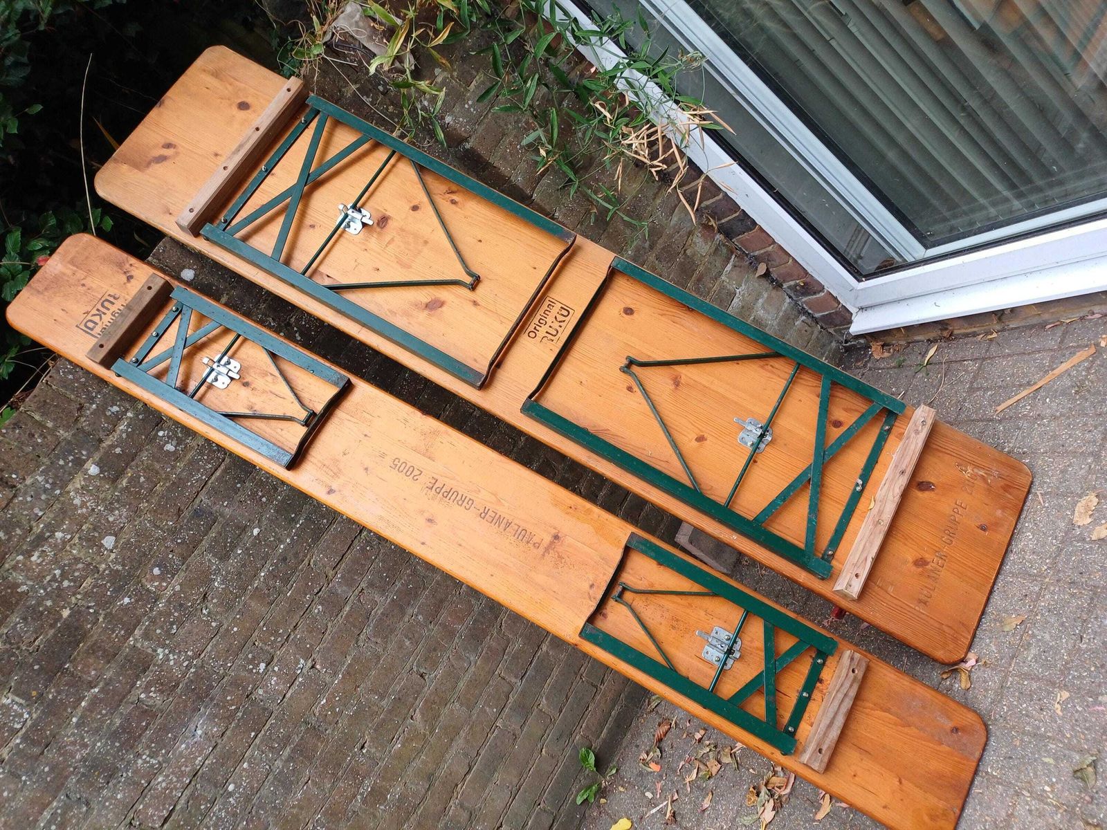 Upcycled Original Ruku Paulaner Gruppe 2005 Beer Garden Table & Benches Set Vintage Oktoberfest Folding German Biergarten photo for sale