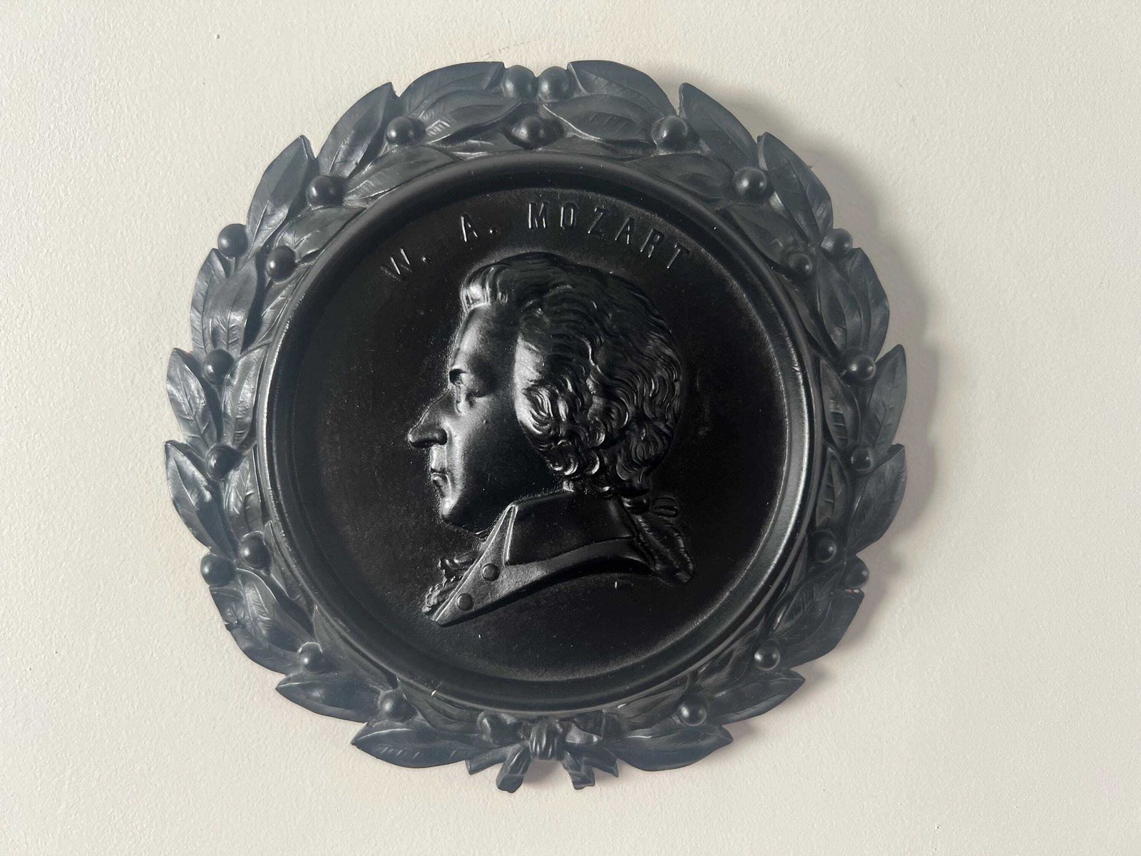 Antique W.A. Mozart Bois Durci Wall Plaque   19th Century Composer Relief   Grand Tour Souvenir   Dark Academia Library   Music Room Art photo vinterior
