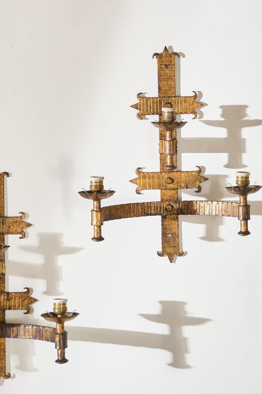 Trio Of Mid Century Spanish Gilt Metal Wall Lights photo for sale