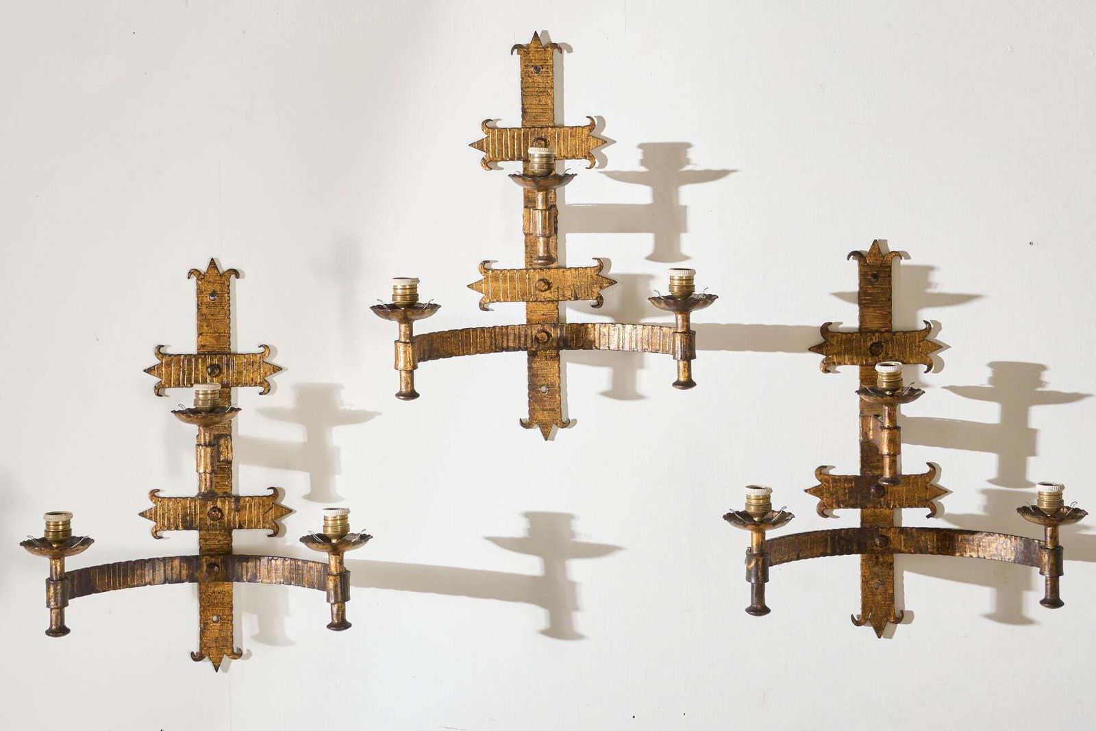 Trio Of Mid Century Spanish Gilt Metal Wall Lights photo Lighting