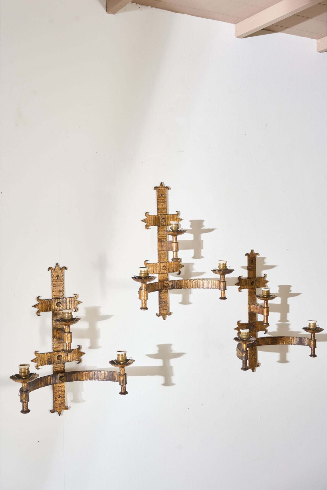 Trio Of Mid Century Spanish Gilt Metal Wall Lights photo 1605.0