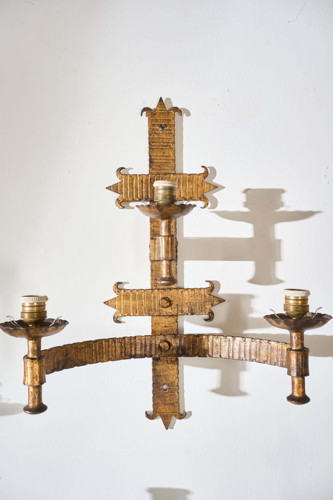 Trio Of Mid Century Spanish Gilt Metal Wall Lights photo buy