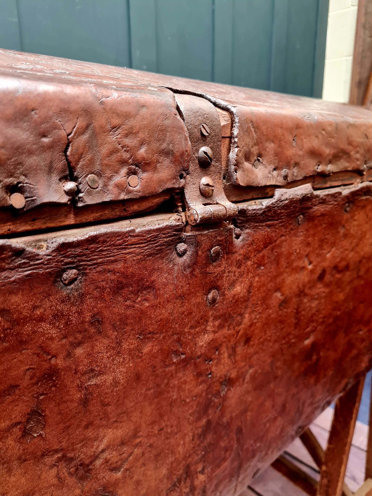 Large 18th Century Italian Studded Leather Trunk   Chest photo vintage