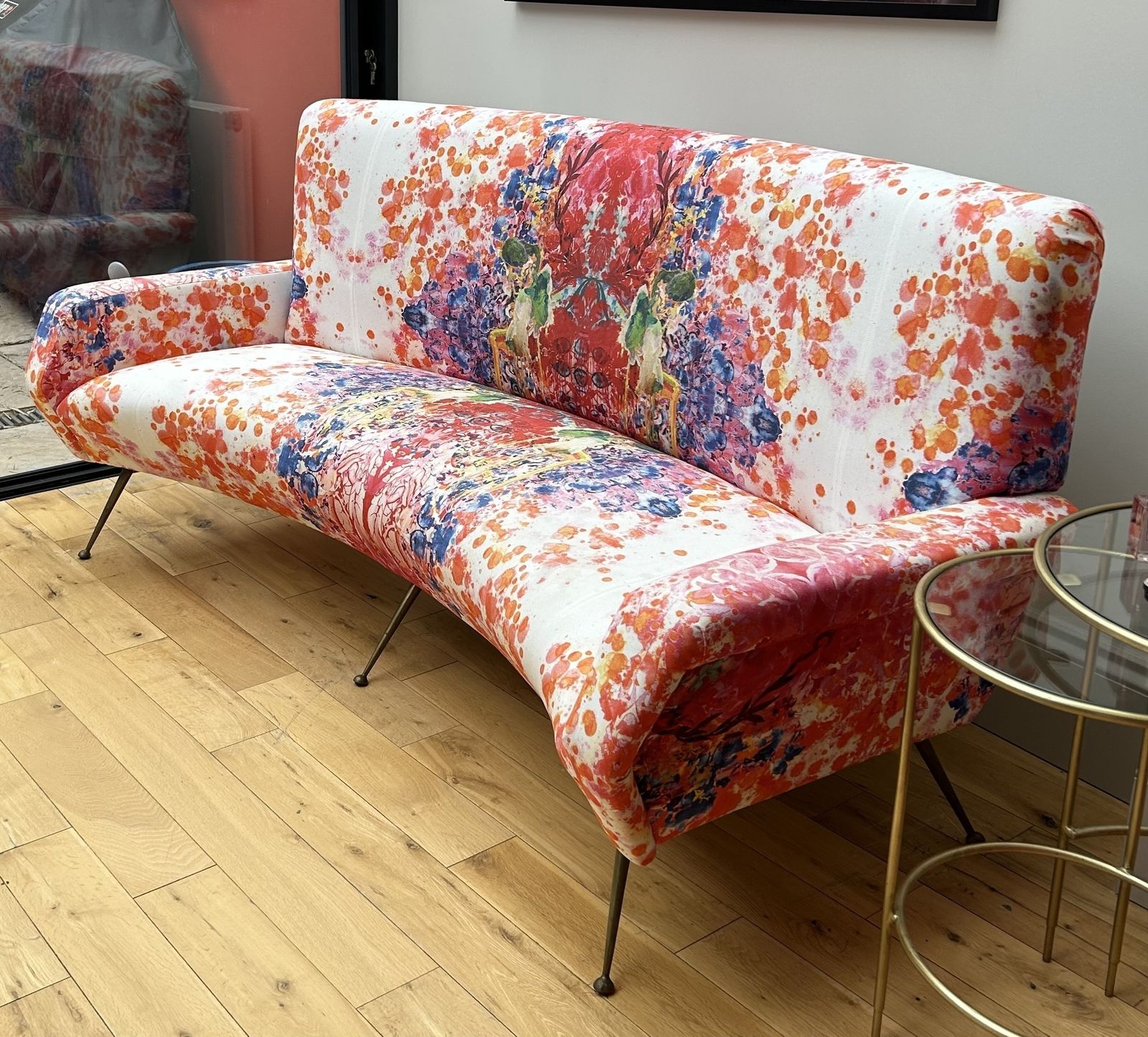 Mid Century Modern Italian Curved Cocktail Sofa, 1950s, Timorous Beasties Fabric photo for sale