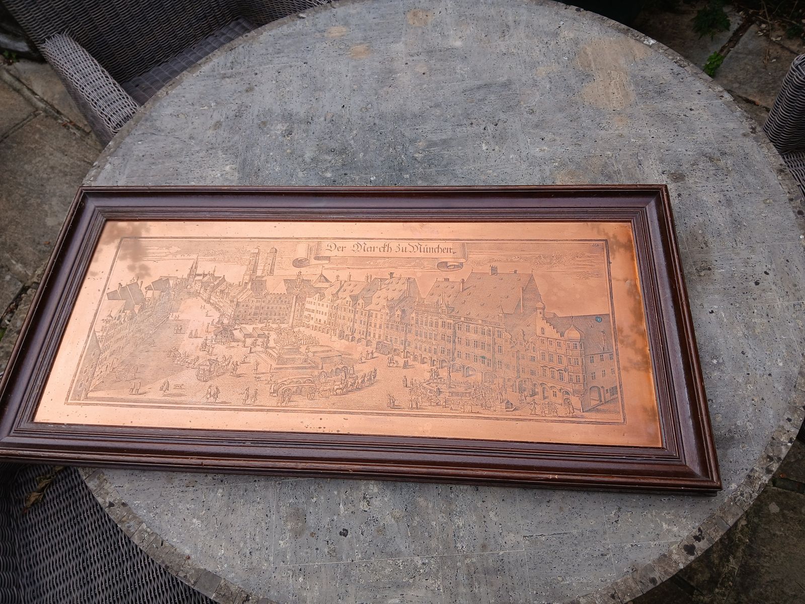 Large Copper Etching Of Munich / Munchen Market Square In Dark Wooden Frame photo furniture