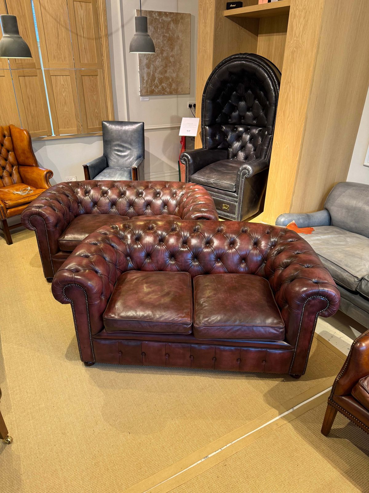 Fully Restored Matching Pair Of Mid Century Leather Chesterfield Sofas photo Furniture