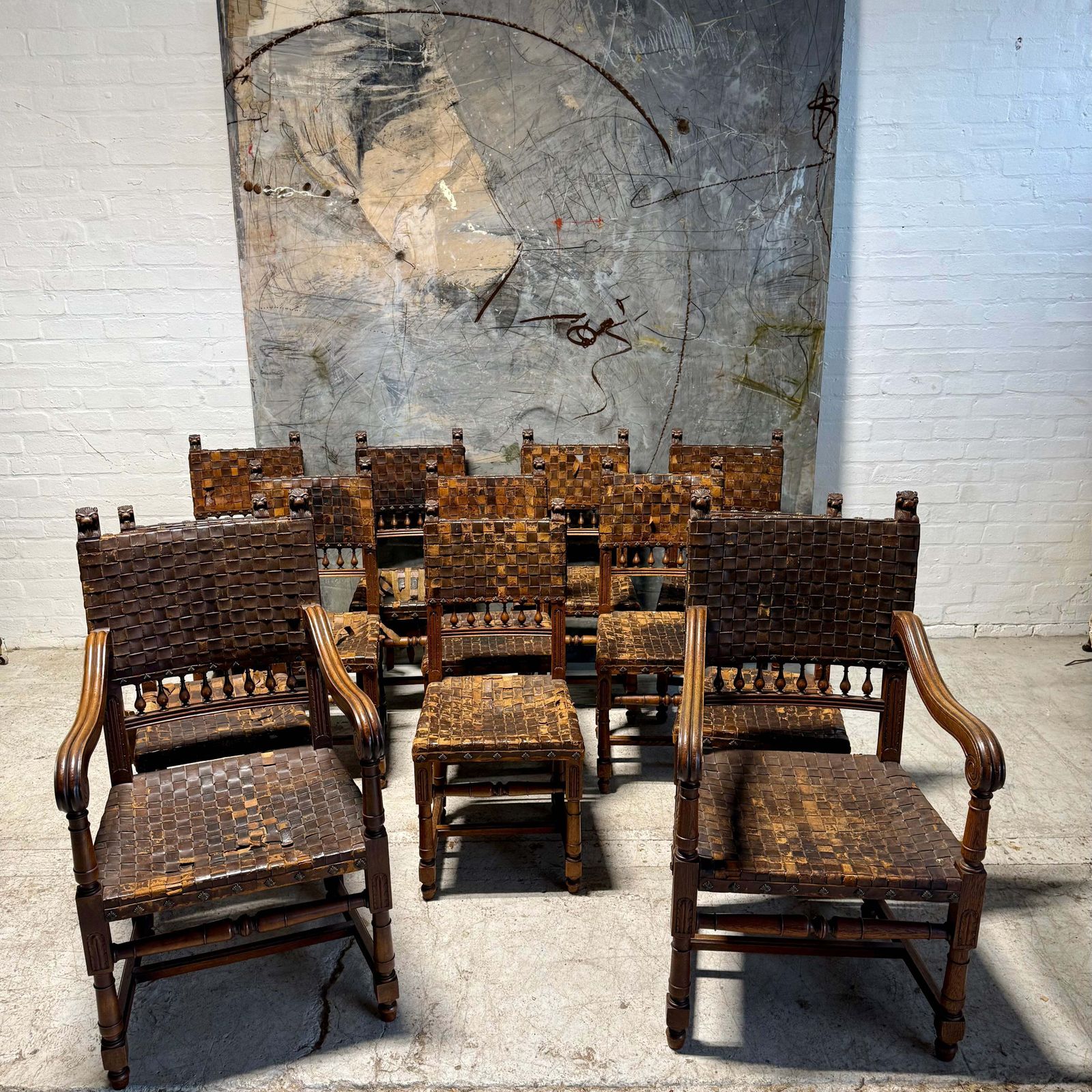 Set Of 12 Antique 19thc Gothic Revival Leather Dining Chairs photo furniture