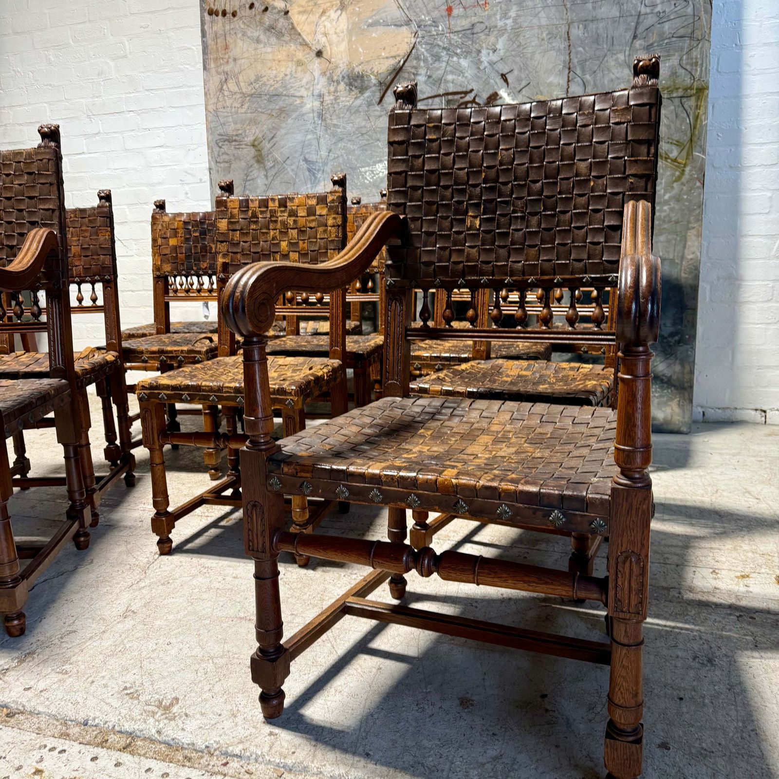 Set Of 12 Antique 19thc Gothic Revival Leather Dining Chairs photo 7999.0