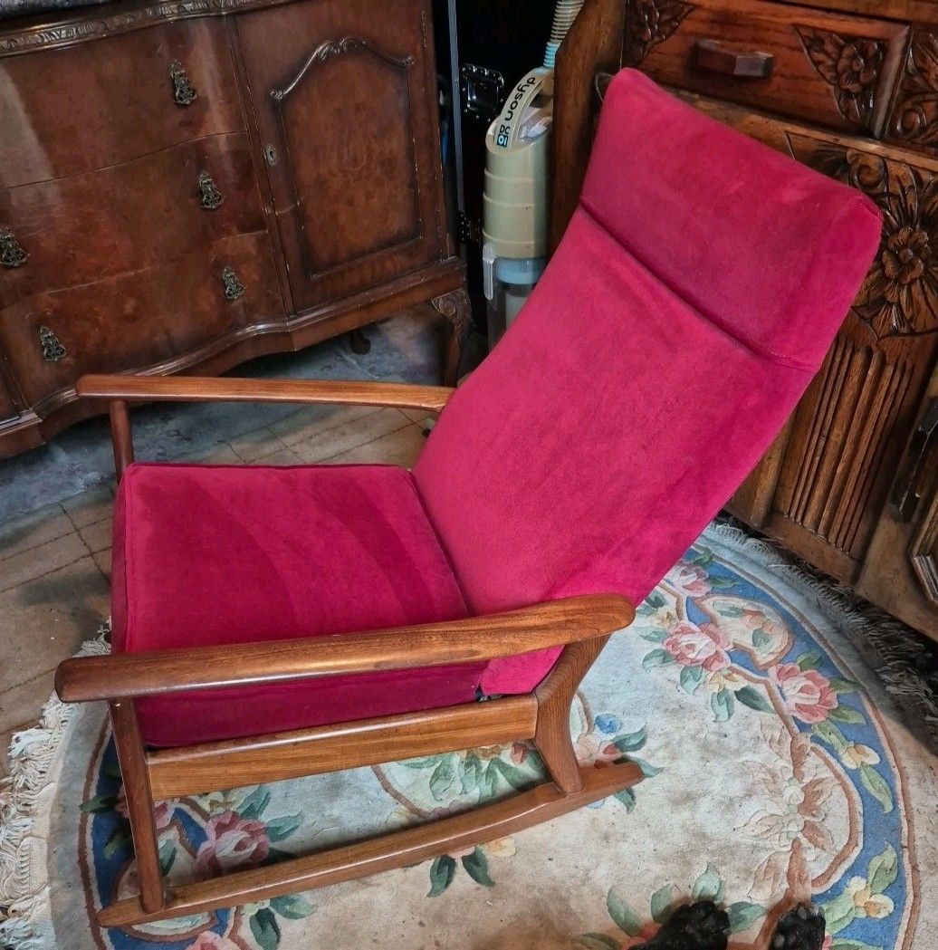 Vintage Retro Mid Century Teak & Red Velour  Rocking / Armchair By Furpro photo furniture