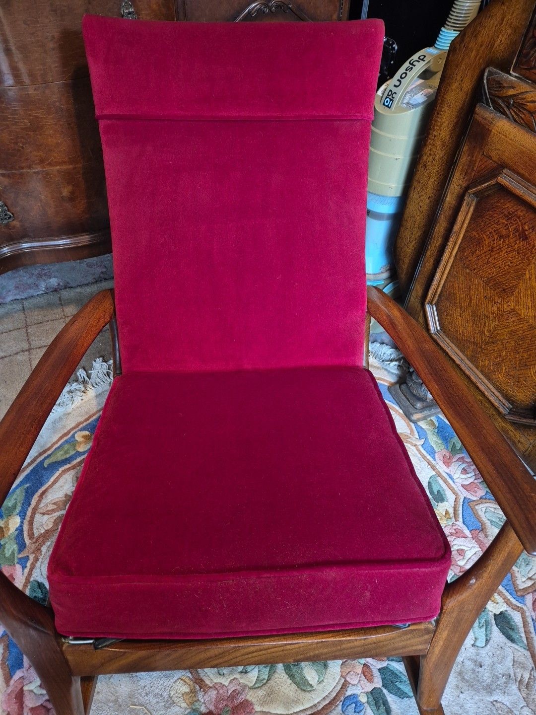 photo for sale Vintage Retro Mid Century Teak & Red Velour  Rocking / Armchair By Furpro