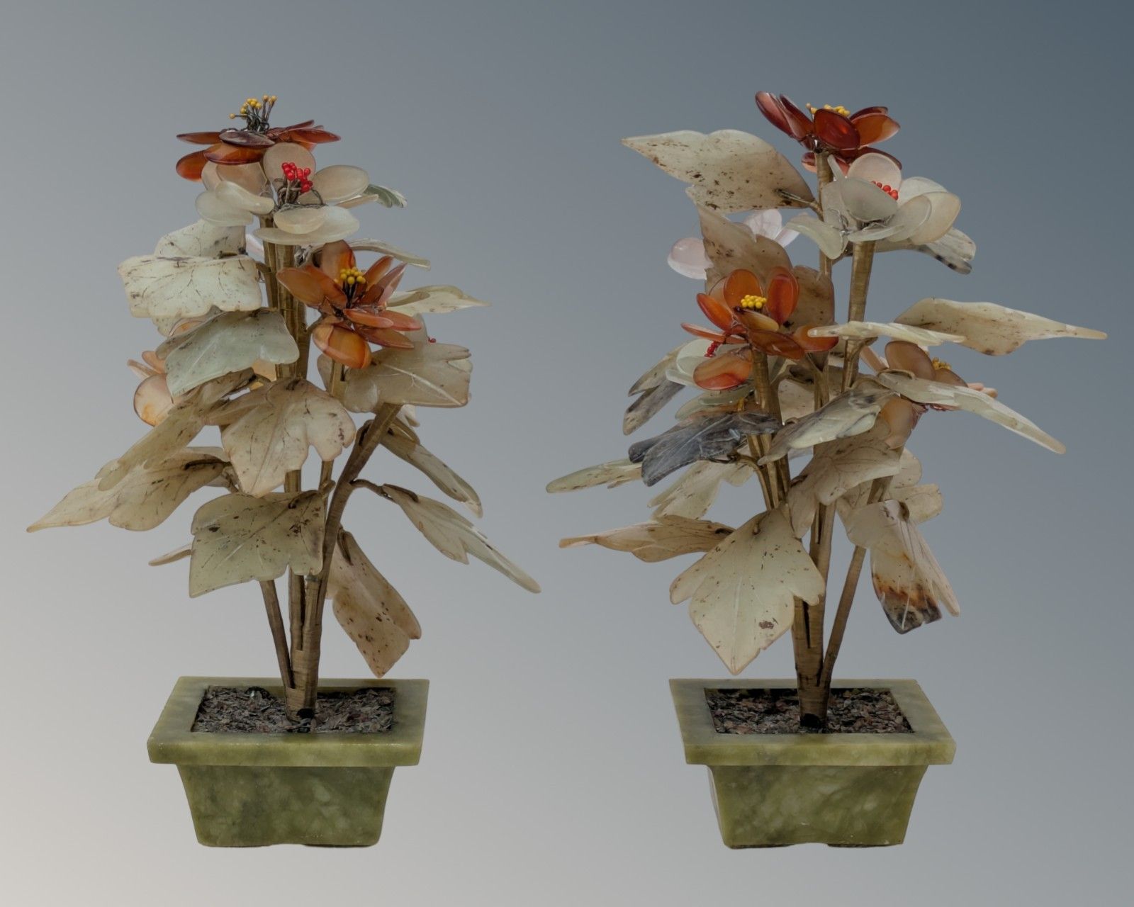 Pair Chinese Hardstone Jade Flower Jardiniere Bonsai