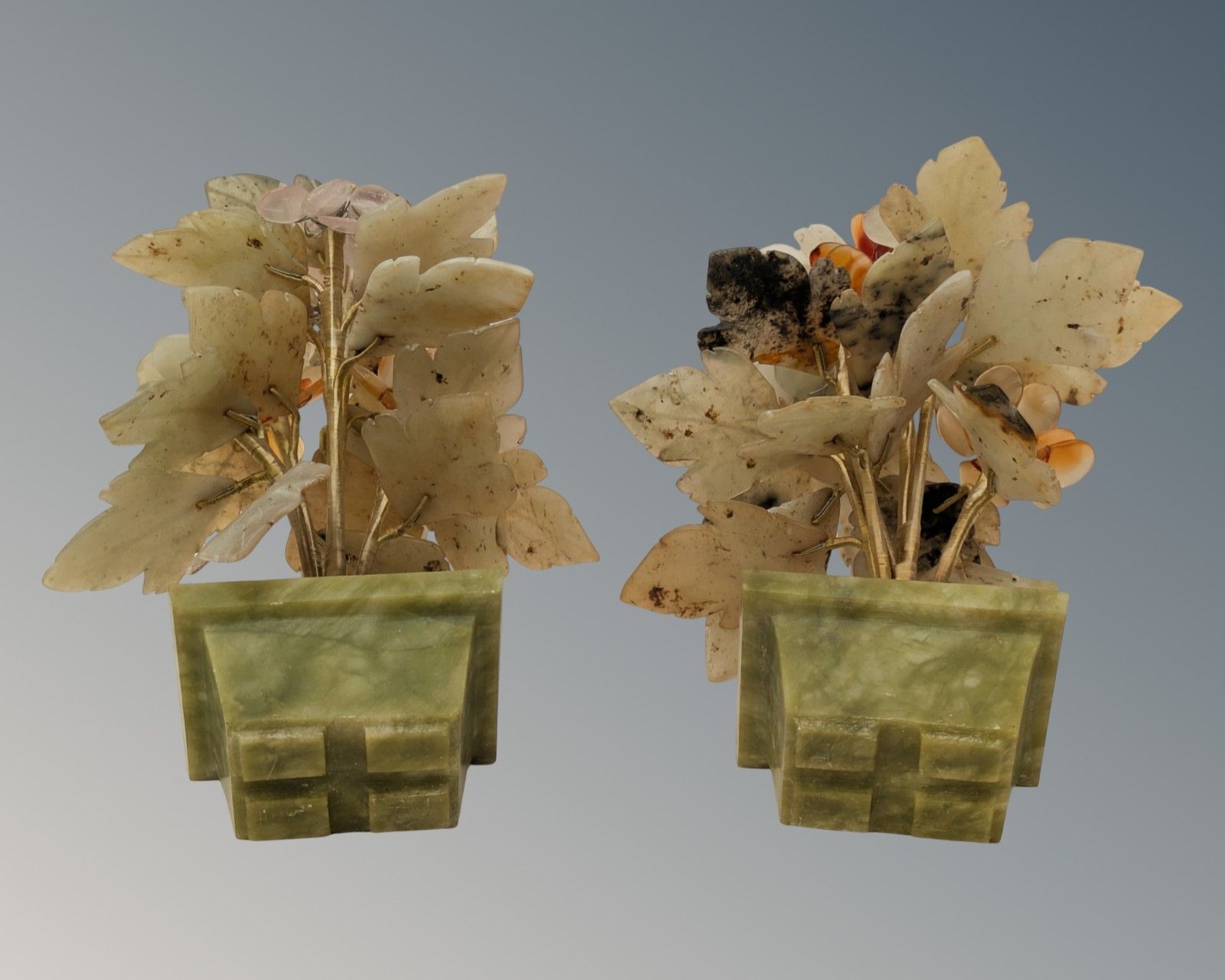 Pair Chinese Hardstone Jade Flower Jardiniere Bonsai photo buy