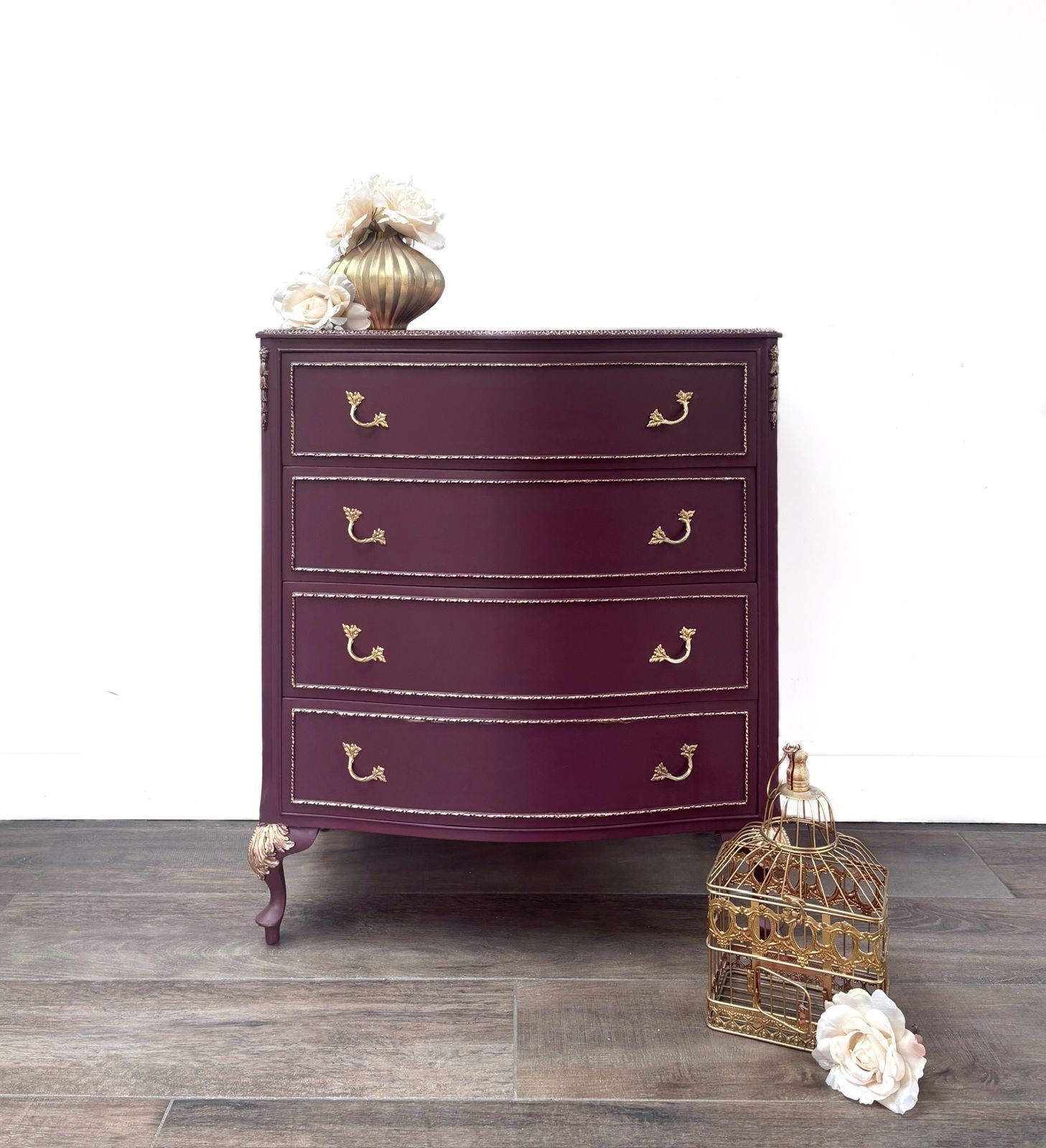 Hand Painted Vintage Dresser – Plum & Gold Floral Chest Of Drawers photo furniture