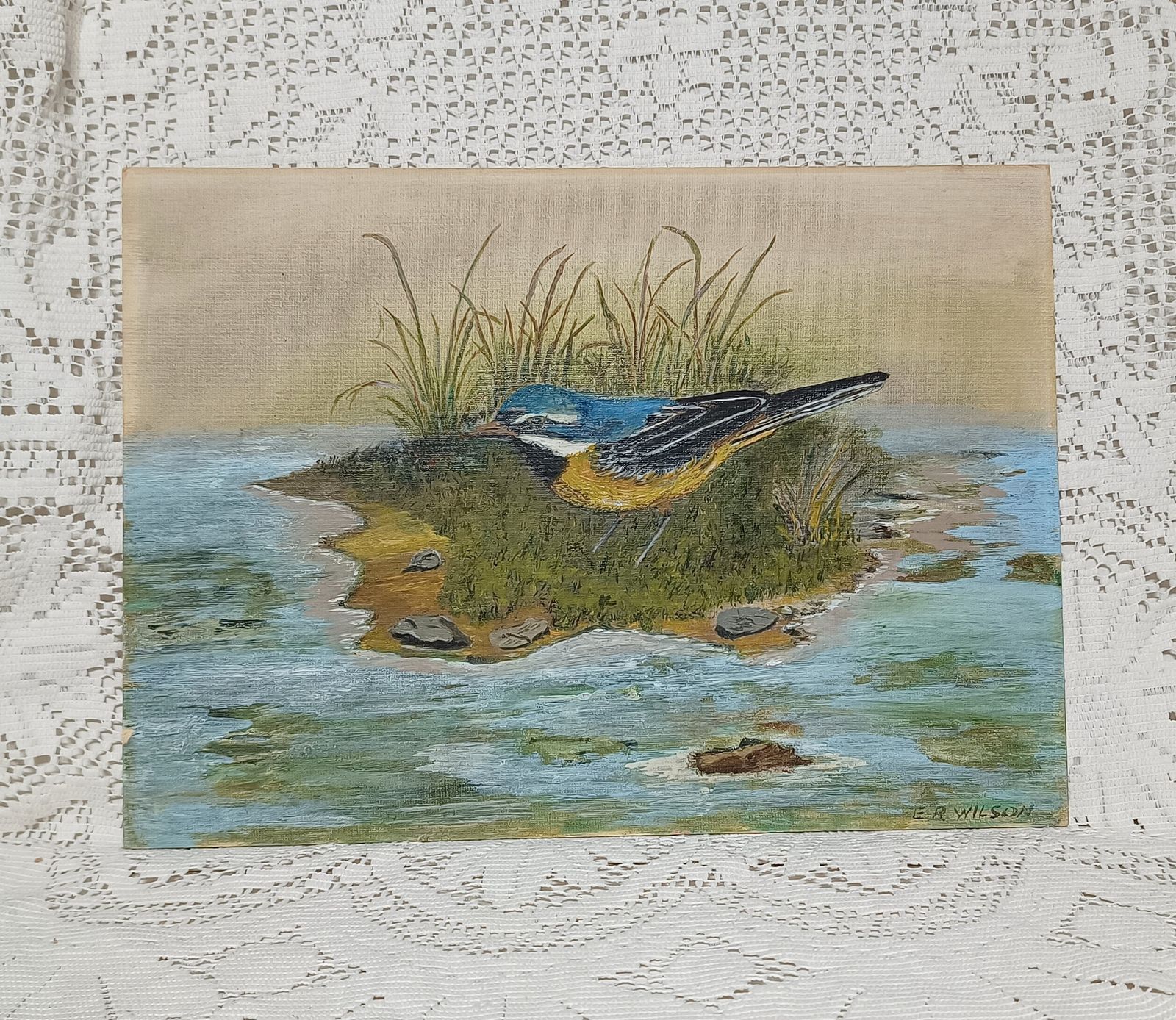 Unframed Oil Painting The Nut Hatch Bird On The Marsh Signed E R Wilson. photo 60.0