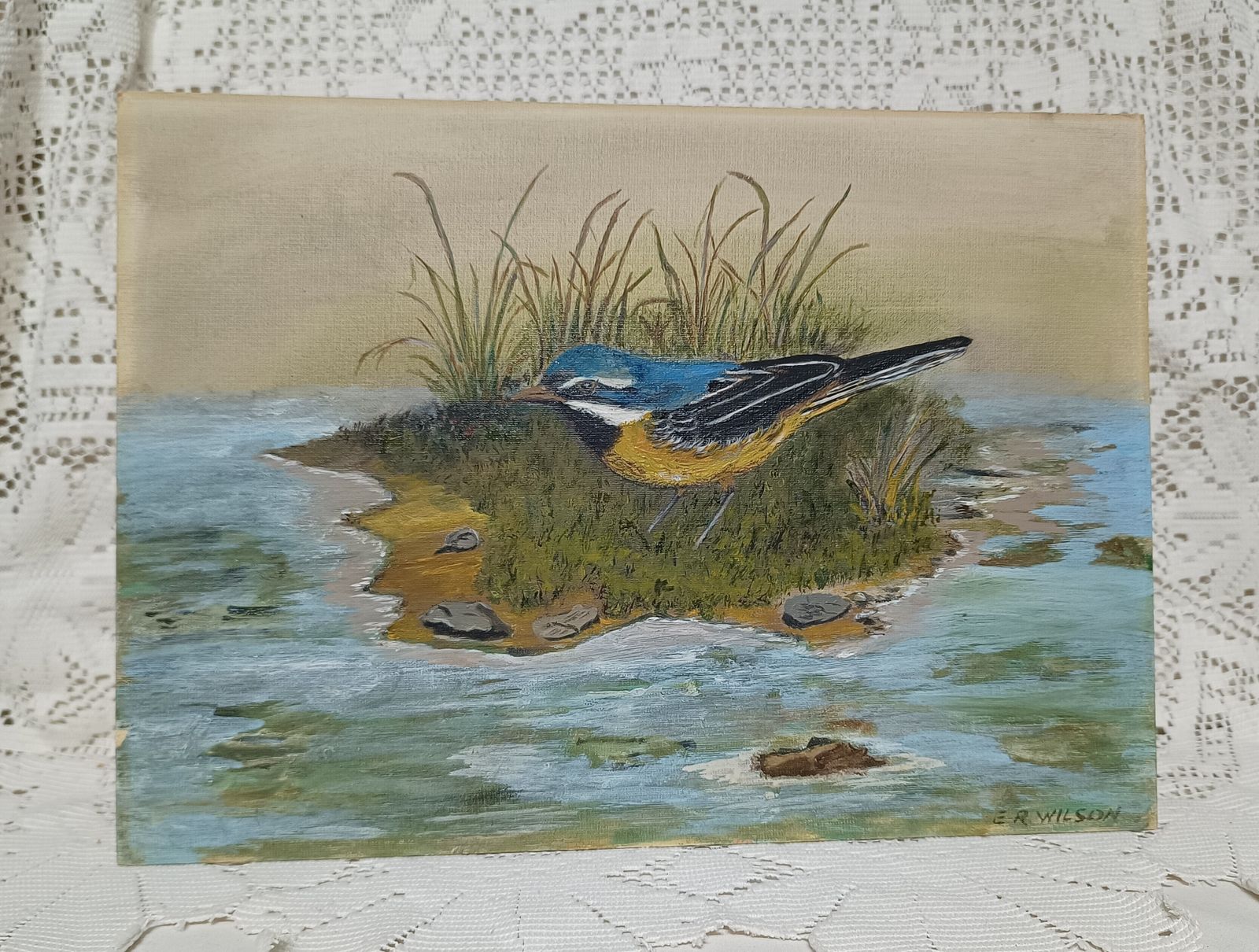 Unframed Oil Painting The Nut Hatch Bird On The Marsh Signed E R Wilson. photo vintage