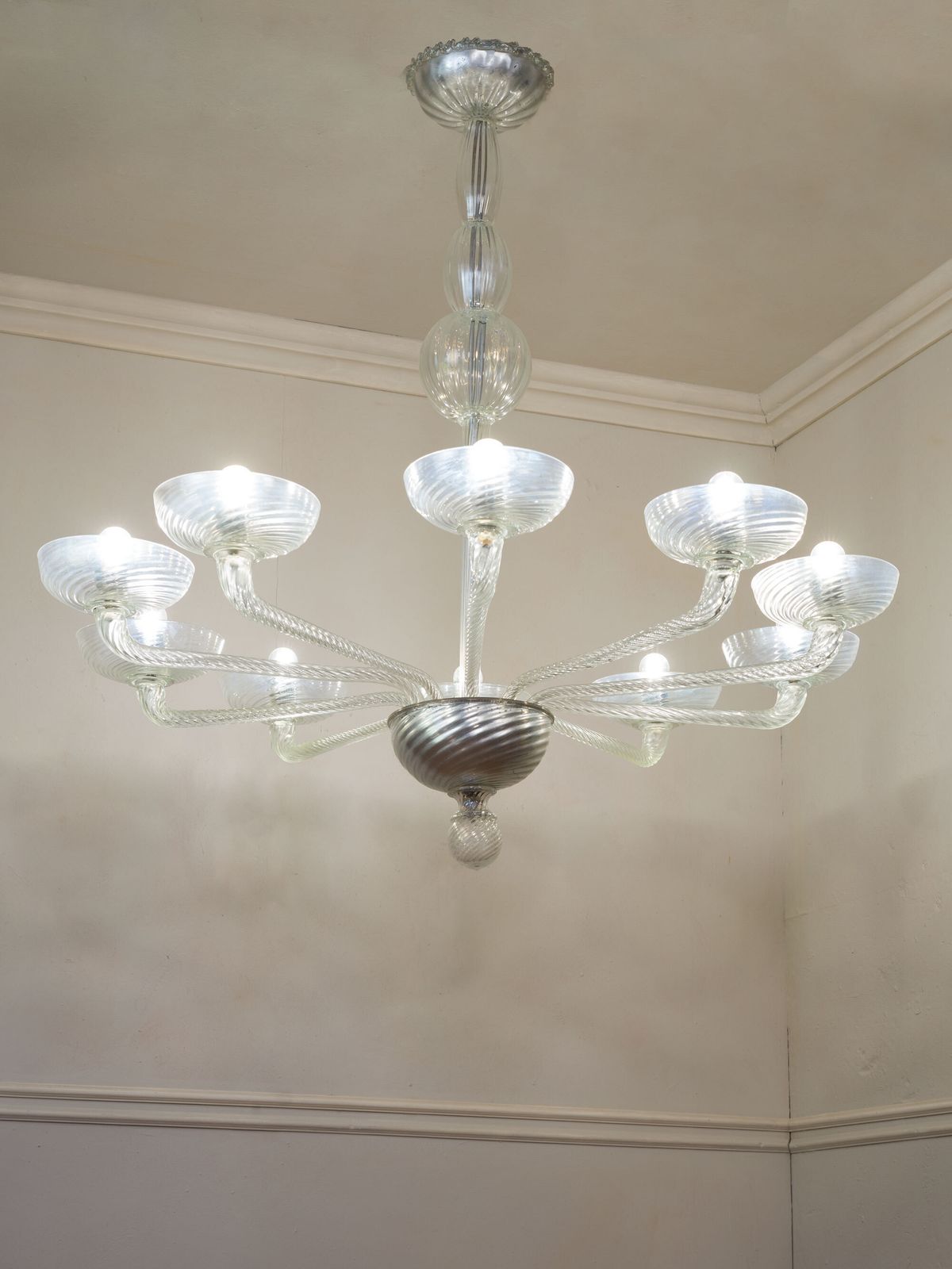 Large Murano Glass Chandelier, Hand Blown With Acid Etched Finish photo for sale