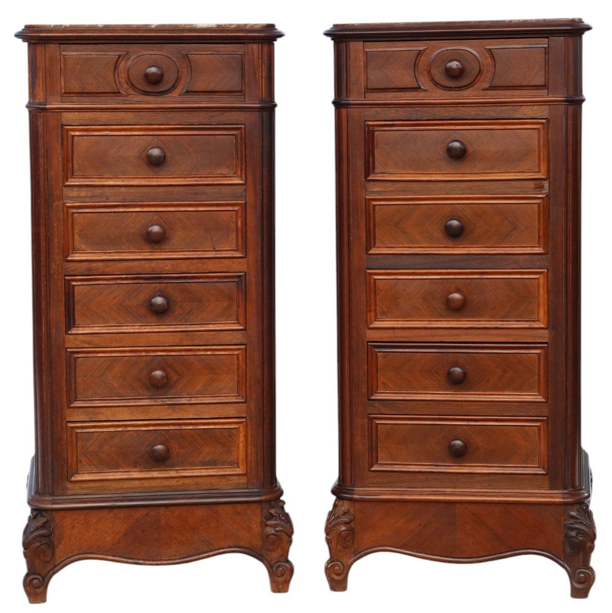Antique C.1910 Pair Of Tall Parquetry Veneer Bedside Tables – Fine Quality Nightstands