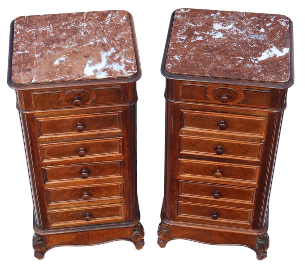 Antique C.1910 Pair Of Tall Parquetry Veneer Bedside Tables – Fine Quality Nightstands photo furniture