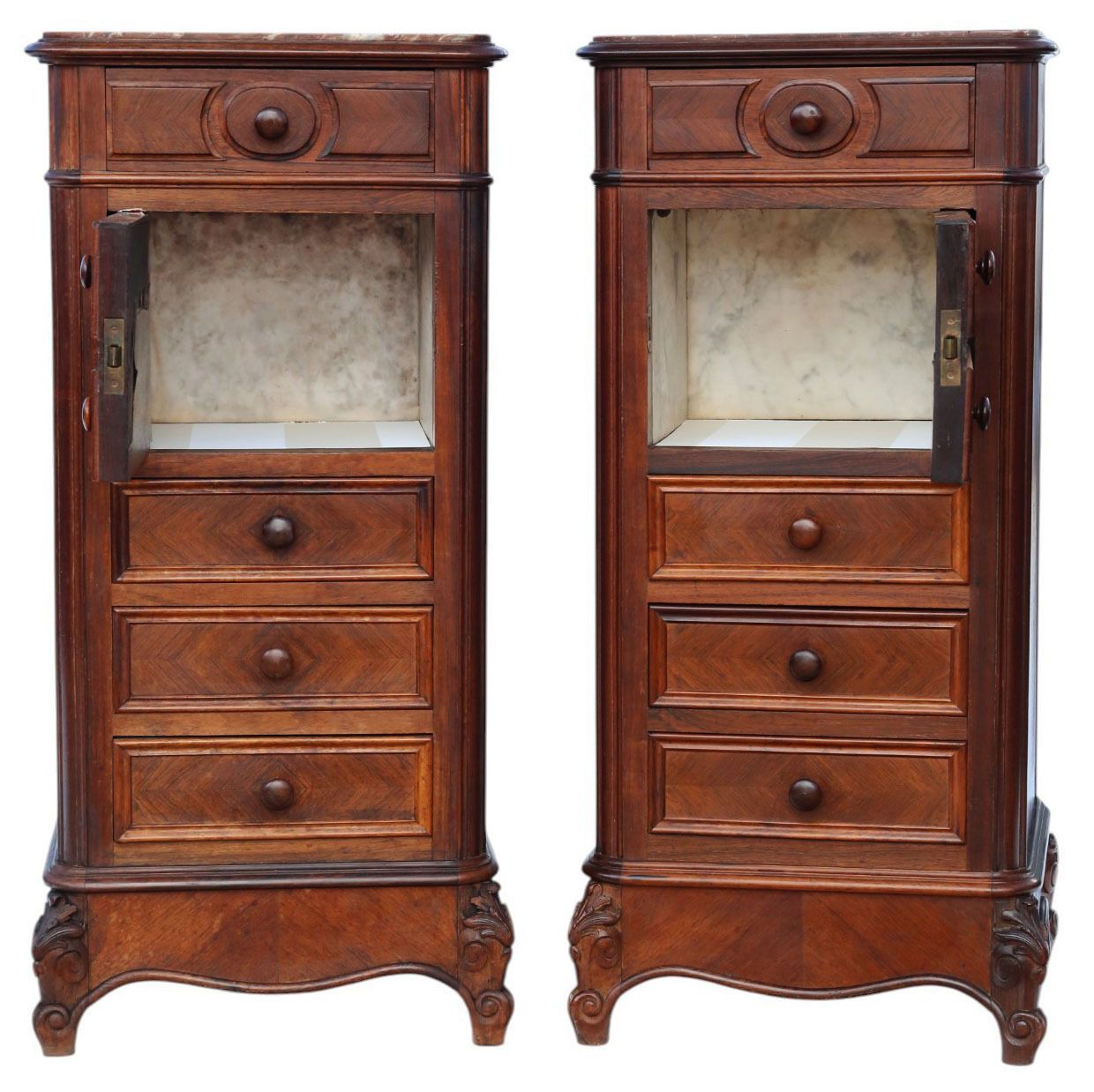 Antique C.1910 Pair Of Tall Parquetry Veneer Bedside Tables – Fine Quality Nightstands photo for sale