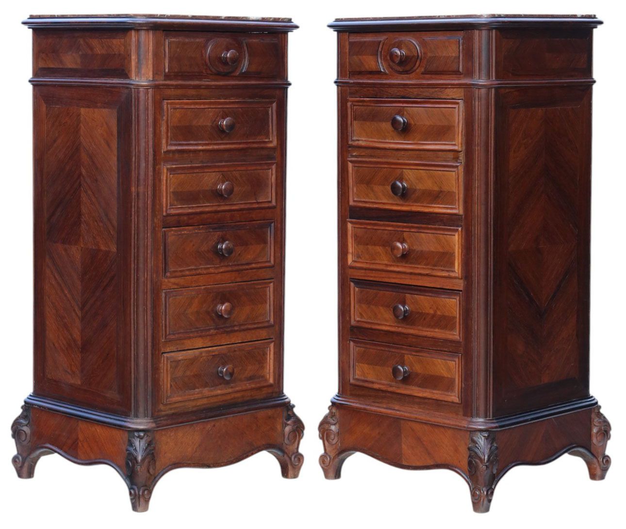 Antique C.1910 Pair Of Tall Parquetry Veneer Bedside Tables – Fine Quality Nightstands photo Furniture