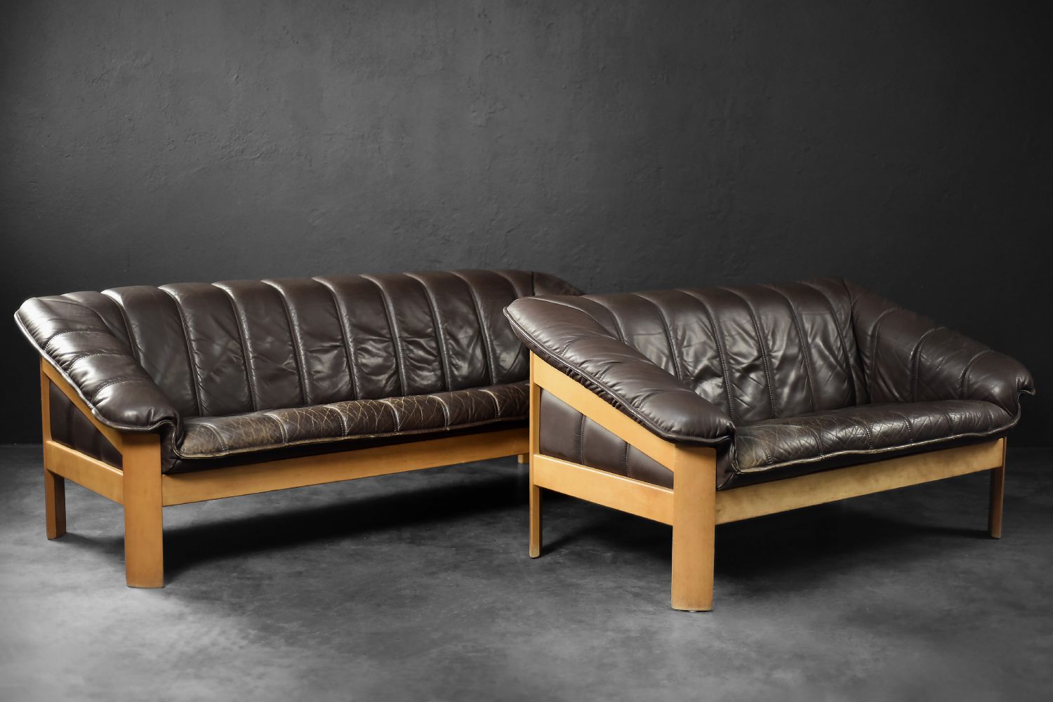 photo furniture Vintage Danish Modern Brown Leather Two Seater Sofa, 1970s