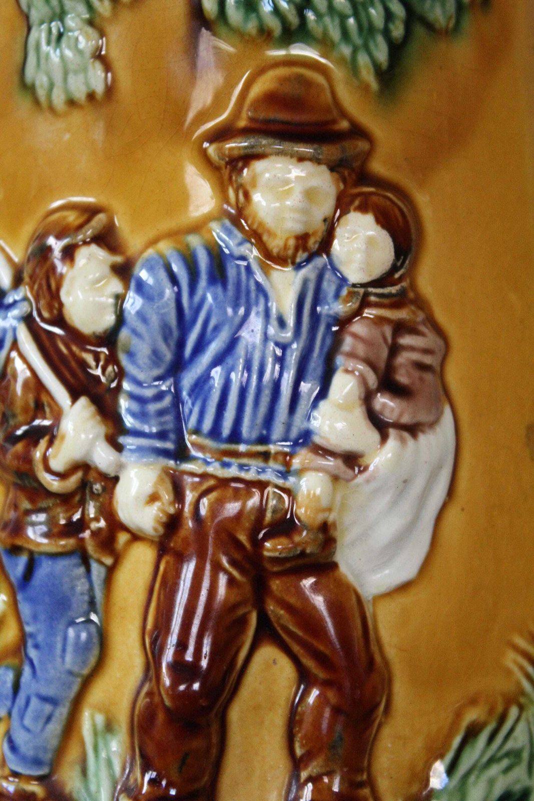 Large And Tall Antique French, Mid To Late 19th Century, Majolica Ceramic Jug, Water Pitcher, Collectible, Victorian, Family In Woods photo for sale
