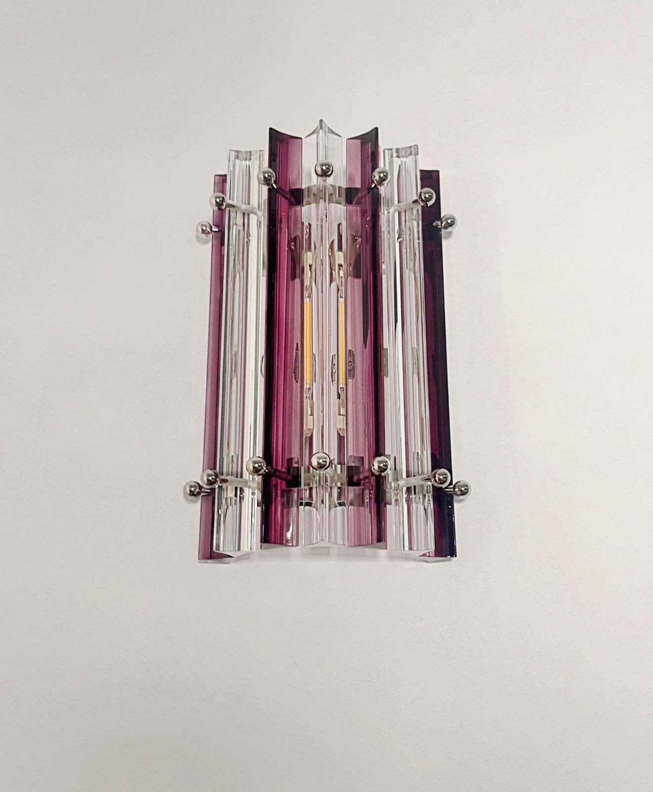 Lighting Pair Of Vintage Murano Wall Sconce – Clear  And Amethyst Triedri   Column Model photo