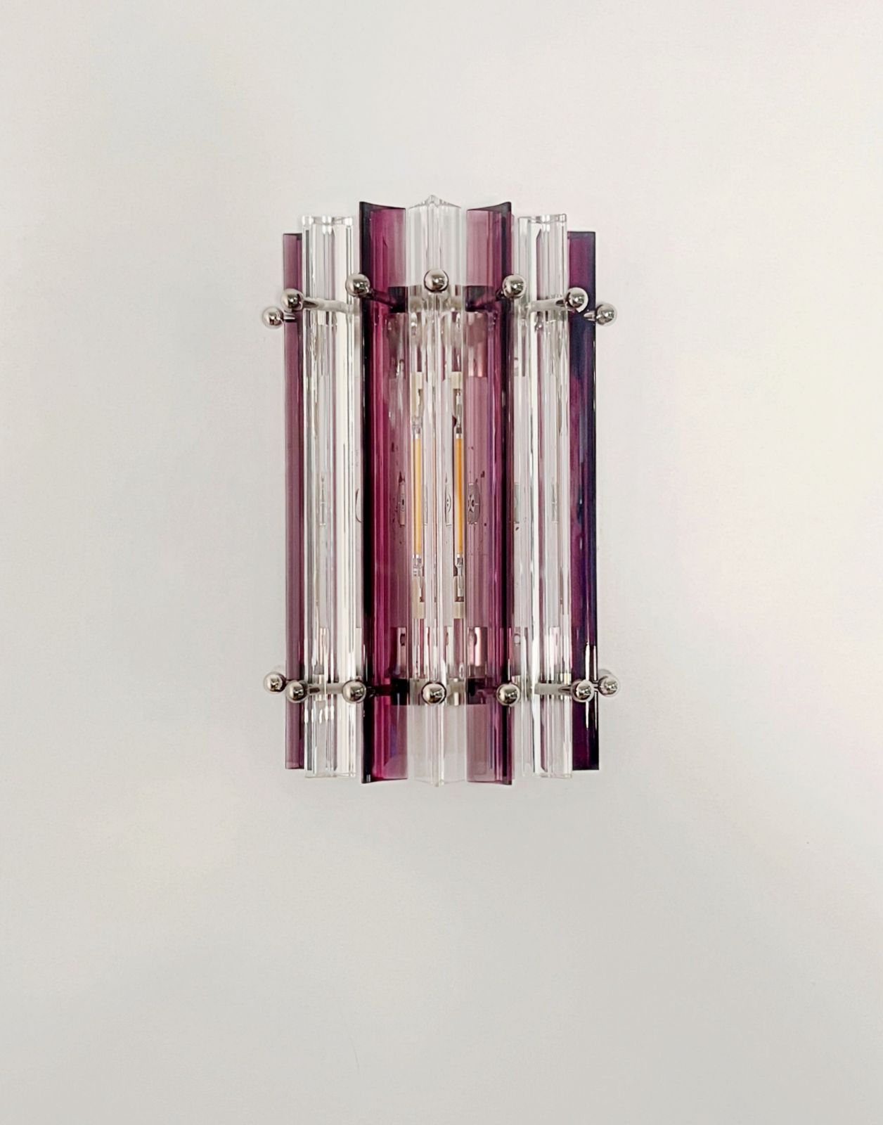 Pair Of Vintage Murano Wall Sconce – Clear  And Amethyst Triedri   Column Model