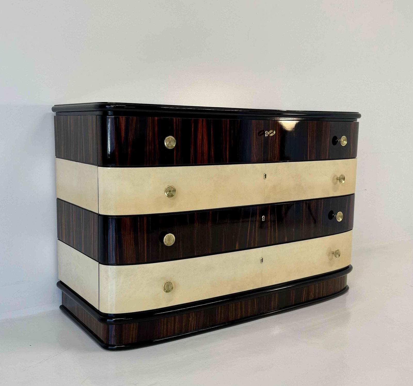 Italian Art Deco Chest Of Drawers In Macassar And Parchment With Brass Handle, 1940s photo 8850.0