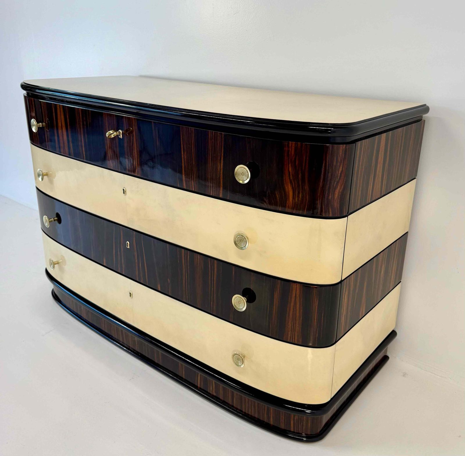 photo for sale Italian Art Deco Chest Of Drawers In Macassar And Parchment With Brass Handle, 1940s