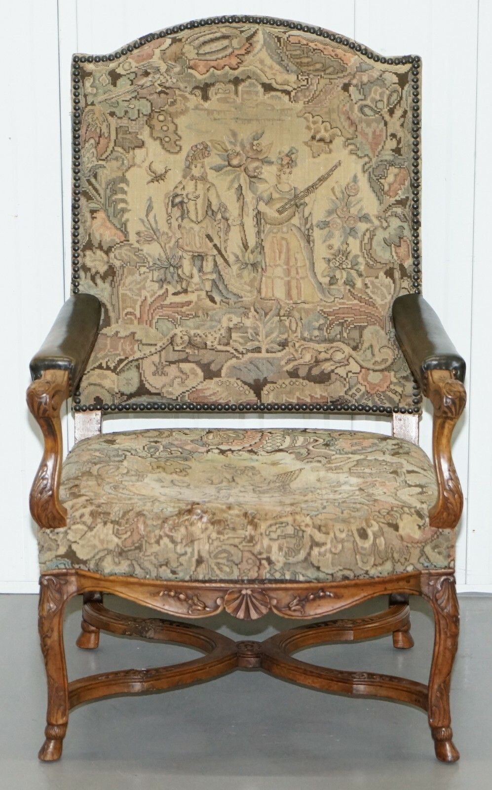 Rare 19th Century French Embroidered Armchair Ornately Carved Frame High Back photo furniture