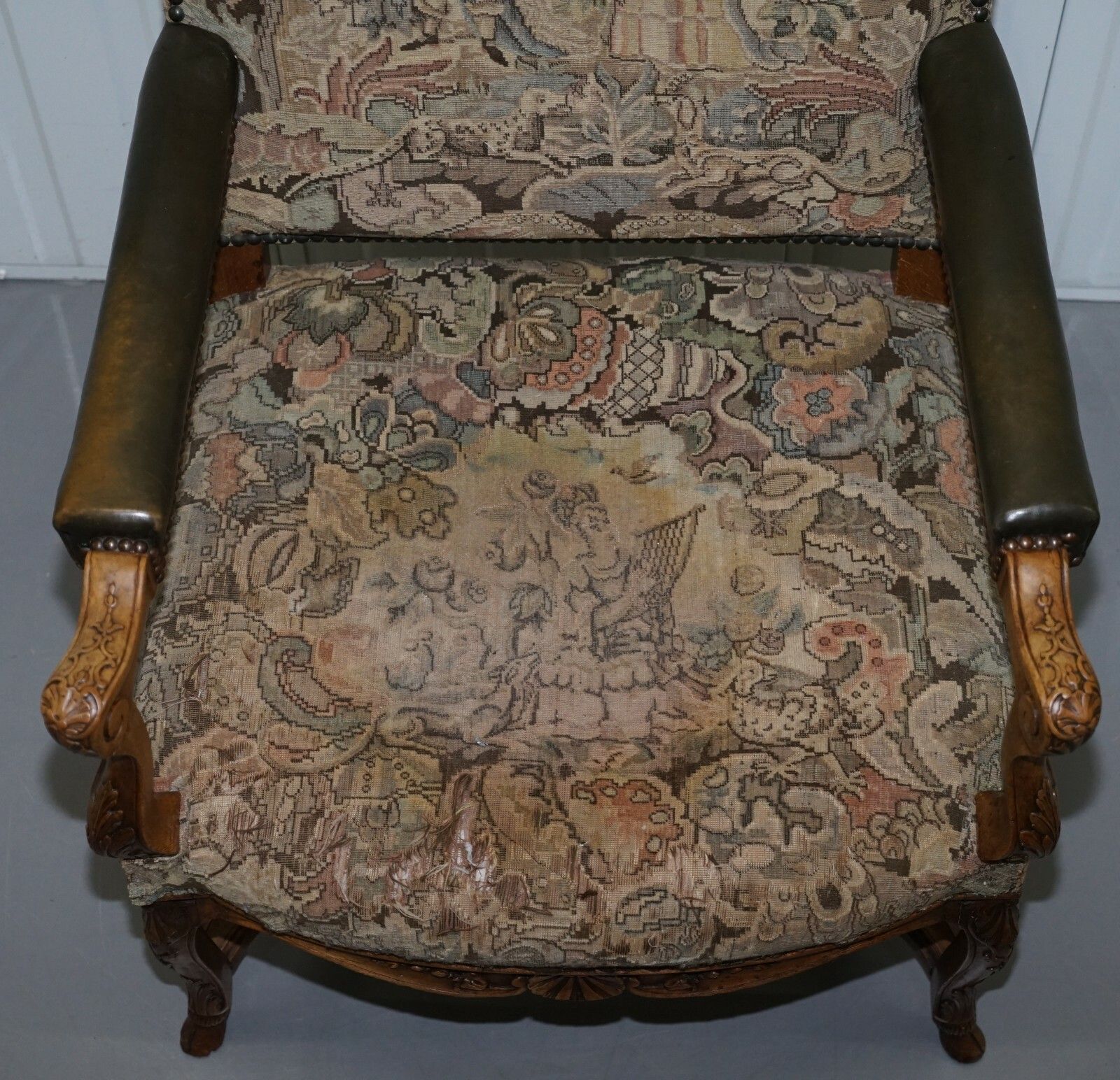 Rare 19th Century French Embroidered Armchair Ornately Carved Frame High Back photo vinterior