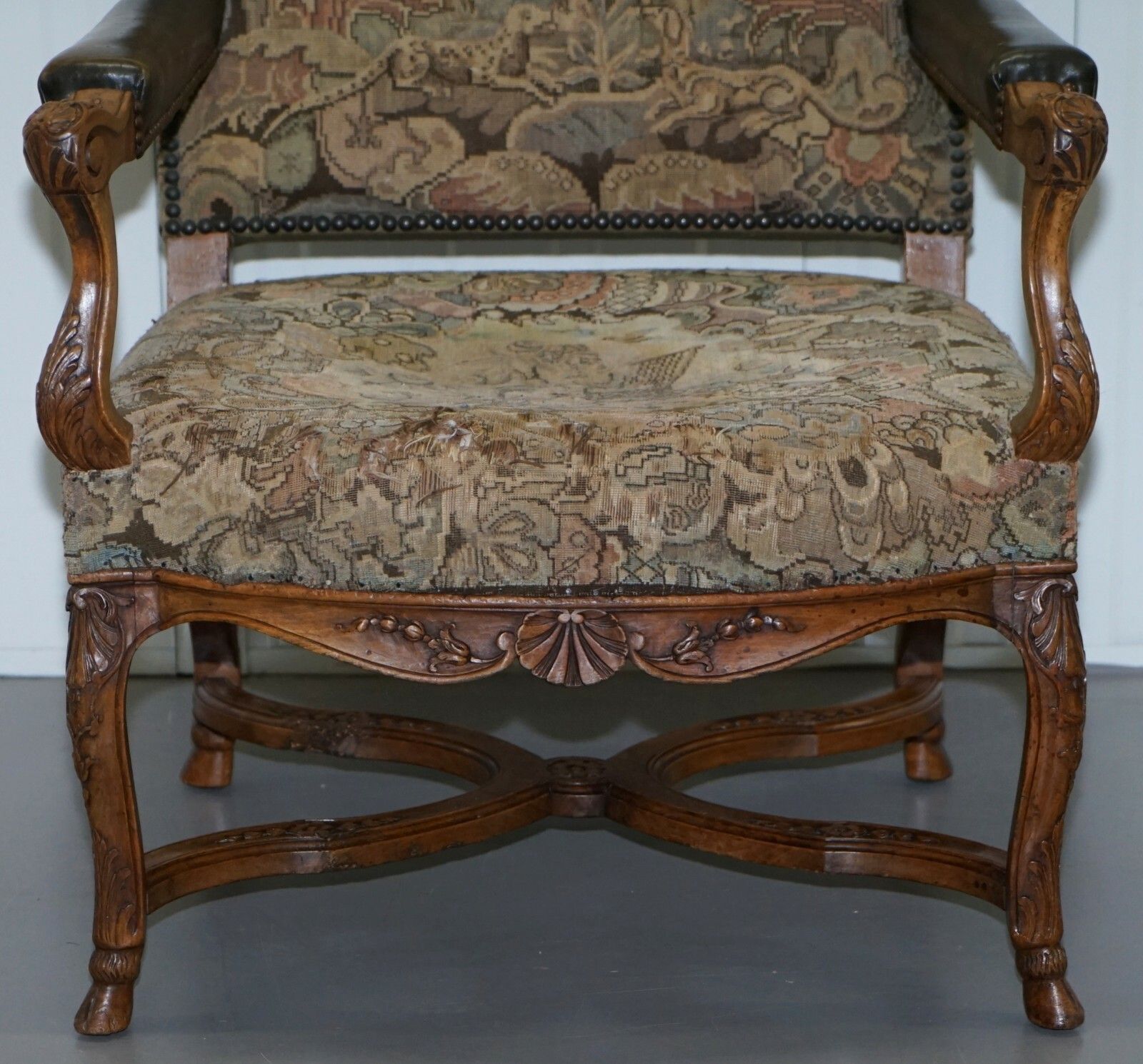 Rare 19th Century French Embroidered Armchair Ornately Carved Frame High Back photo vintage