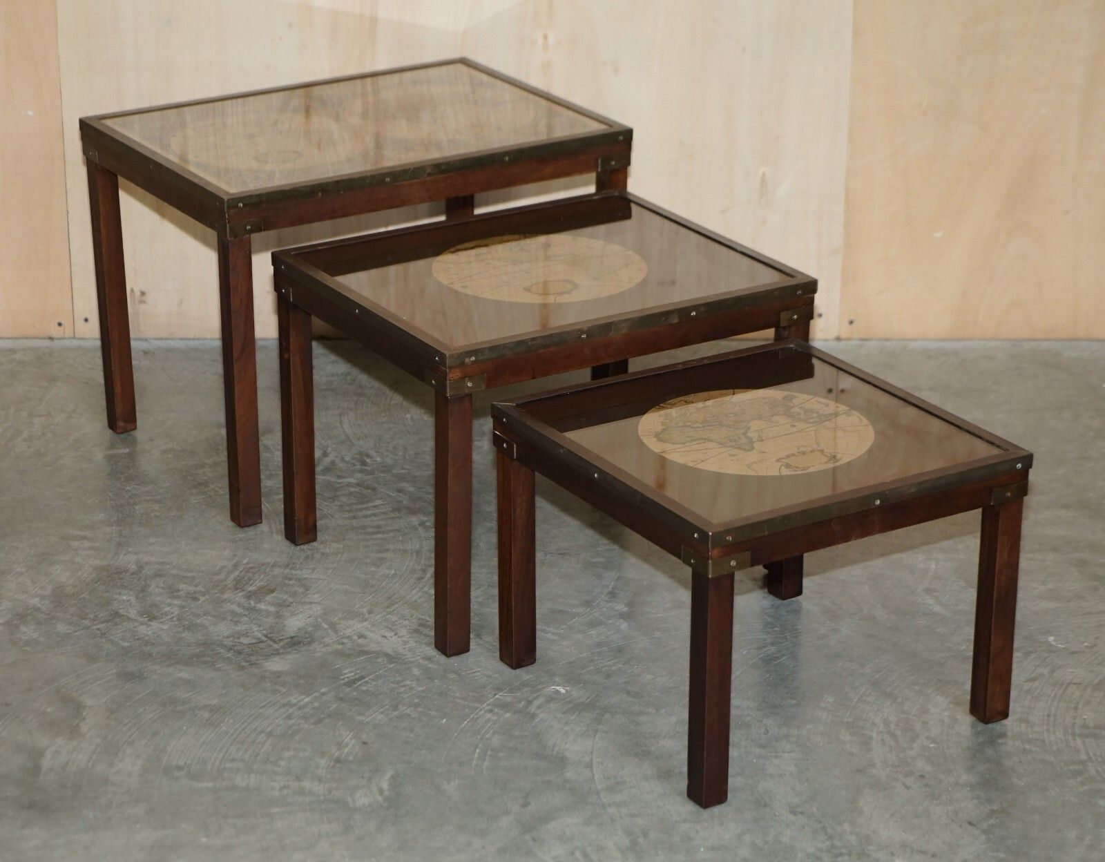 Vintage Coffee & Side Table Nest Of Tables Military Campaign With World Maps photo for sale