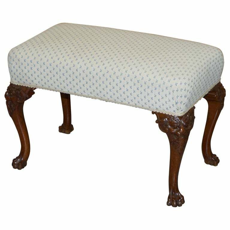 Fully Restored George III Style Hand Carved Bench Stool With Lion Hairy Paw Feet