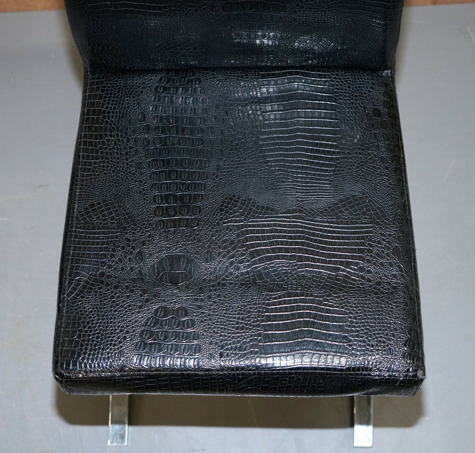 Set Of Eight Chrome Black Faux Alligator Crocodile Patina Leather Dining Chairs photo vinterior