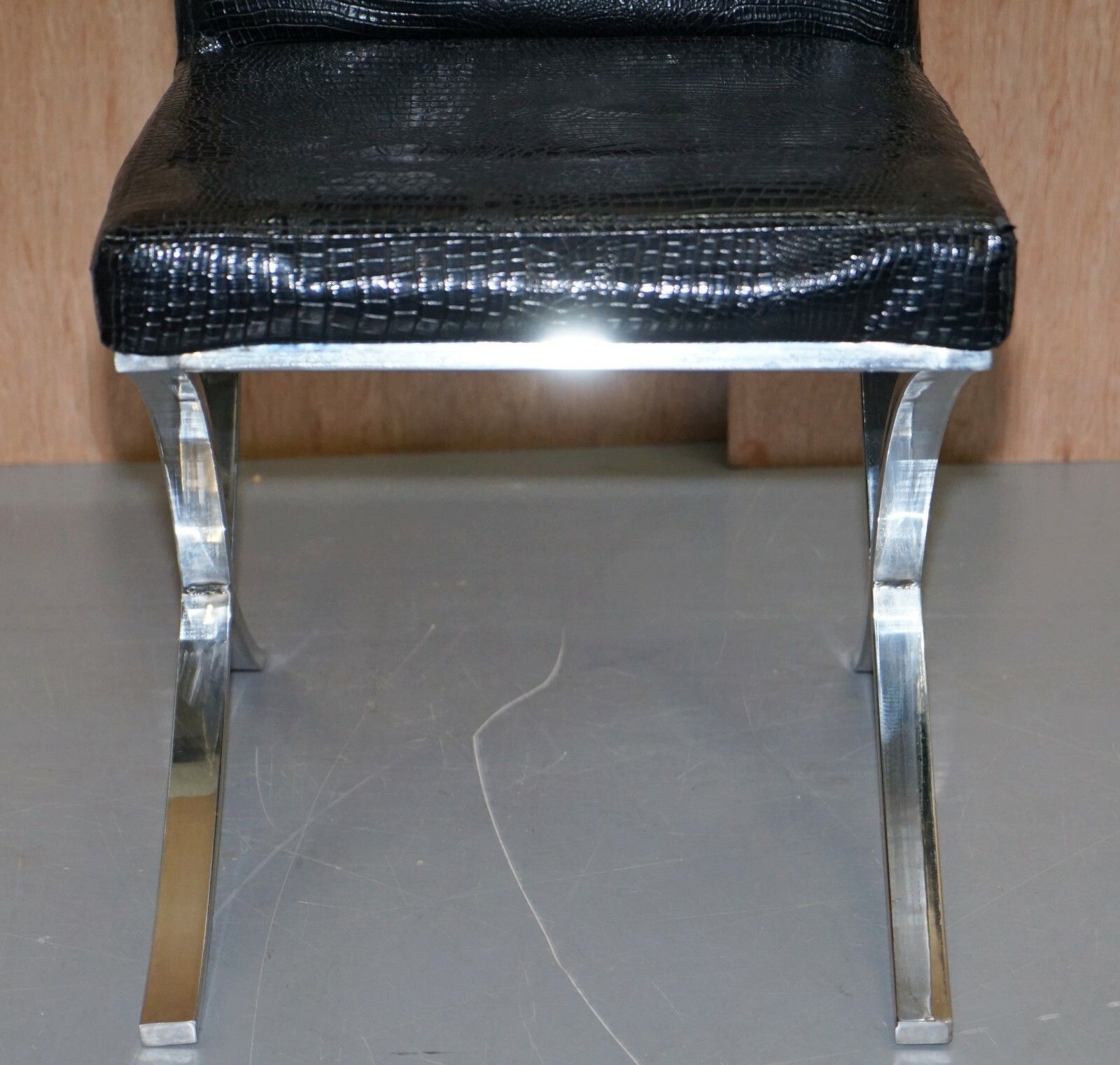 Set Of Eight Chrome Black Faux Alligator Crocodile Patina Leather Dining Chairs photo buy