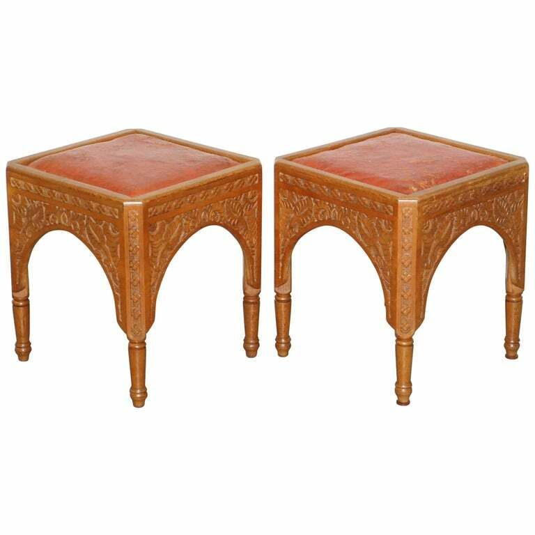Pair Of Antique Victorian Hand Carved 19th Century Asethetic Movement Stools