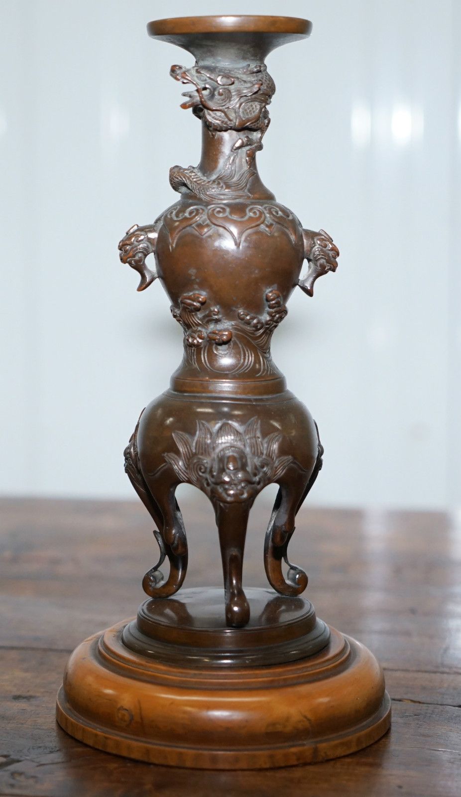 1000.0 Rare Japanese Meiji Period Circa 1870 Pair Of Bronze Dragon Candlestick Holders photo