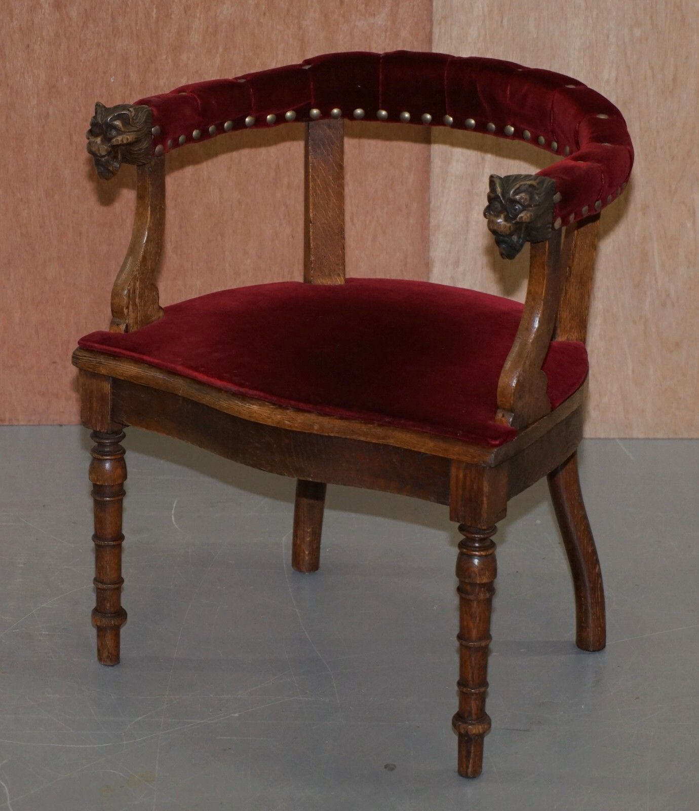Lovely Antique Regency Oak Carved Bergere Armchair With Lions Head Arms Velvet photo 1000.0