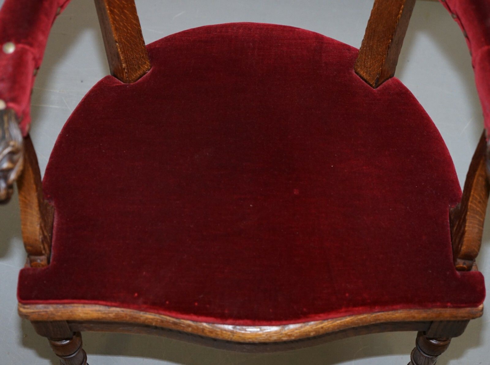Lovely Antique Regency Oak Carved Bergere Armchair With Lions Head Arms Velvet photo buy
